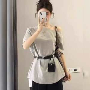 BINKAFENNY | เสื้อยืดแขนสั้นเปิดไหล่ฤดูร้อนสำหรับผู้หญิงไซส์ใหญ่ ทรงสลิมฟิต ปกปิดเนื้อผ้า ทรงสลิมฟิต แขนสั้น คอวี สไตล์เกาหลี