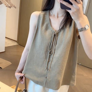 Shalldoer | Áo sơ mi không tay cổ chữ V dáng rộng thời trang mùa hè cho nữ Áo vest không tay thắt lưng đa năng thoải mái thường ngày