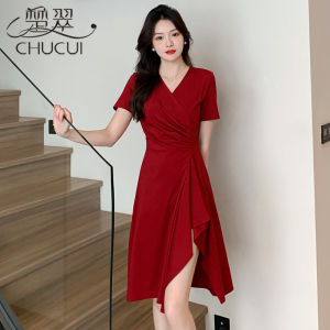 French Red Summer Dress Womens V-neck Short Sleeve A-line Skirt Waist-cinching Asymmetrical High-end Feel Commute Style