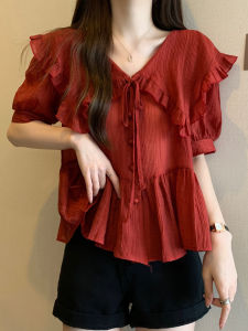 plus Size Doll Collar Short Sleeve Chiffon T-Shirt Womens Summer Slimming Top Red Base Shoulder Princess Style Bubble Sleeve