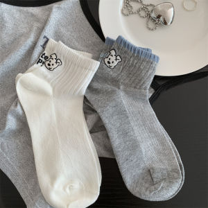 Cute Cartoon Womens Mid-Calf Socks Spring Summer Thin Cotton Breathable Grey Sports Short Socks Comfortable Moisture Wicking