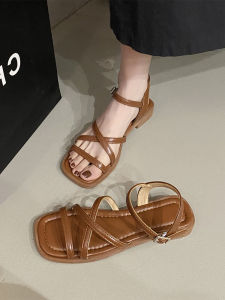 Roman Style Flat Heel Sandals Womens Summer French High Sensation Skirt One Strap Low Heel Beach Shoes Korean Version PU Material