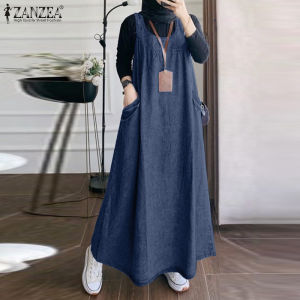 Esolo ZANZEA Muslimah phụ nữ hồi giáo không tay Vòng cổ denim Váy Yếm Túi bên Đầm maxi giản dị