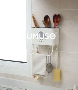 ที่เก็บช้อน ที่ใส่ช้อนส้อม ตะกร้าใส่ช้อน ตะเกียบ แบบติดผนัง ที่วางช้อนส้อม มีช่องเก็บ 2 ช่อง+ตะขอแขวน ตะแกรงใส่ช้อนส้อม