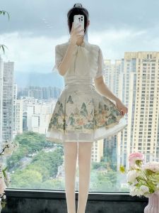 ชุดฮันฟูผู้หญิง ชุดฮันฟูสไตล์จีน ลายพราง กระโปรงยาวปานกลาง ผ้าไหมทอง ลายดอกไม้ ฤดูใบไม้ผลิ ฤดูร้อน ฤดูใบไม้ร่วง ฤดูหนาว