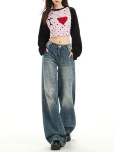 Low Waist Straight Leg Vintage Jeans Womens Loose Slimming Faded Draped Floor-Length Wide Leg Pants Casual Cotton Denim