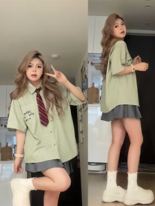plus Size Fashion College Style Set Women Summer Striped Retro Short Sleeve Shirt Top Half Skirt Two Piece Set Korean Loose Fit