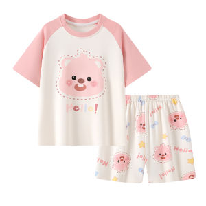 MiiOW | ชุดนอนเด็กผู้หญิงแขนสั้นผ้าฝ้ายลายการ์ตูนน่ารักสำหรับฤดูร้อน เสื้อผ้าอยู่บ้านแบบลำลอง คอตตอน 100% ความยาวปกติ