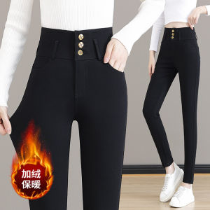 Womens Fleece Lined Thickened High Waist Slim Fit Black Pants Elastic Casual Nine Point Pants Warm Thick Winter New Style