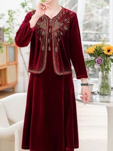 Plus Size Ladies Ladieswear Autumn and Winter Two-Piece Suit Middle-Aged and Elderly Gold Velvet plus Size Cheongsam Dress Middle-Aged Women Fashionable Jacket