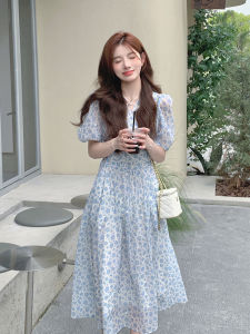 French Style Floral Print Maxi Dress Womens Summer New Gentle Bubble Sleeve Waist Cinched A-Line Dress Vacation Resort Wear