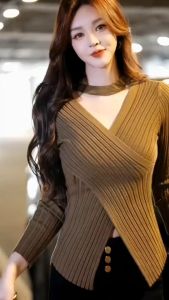 💥[A236] Áo len thun nữ Montoghi dệt kim VẠT ĐẮP CHÉO phối CHOKER tay dài Quảng Châu sang trọng - L2M