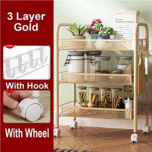 3 Layer Kitchen Removable Small Trolley Storage Shelf Storage Rack Shelf Bedroom Removable Bathroom Storage Shelf(with Wheel  Free Hook)