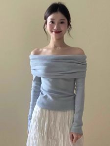 Áo Len Dệt Kim Ôm Vừa Vặn Màu Trắng Hở Vai Phong Cách Hàn Quốc Dành Cho Nữ Đầu Xuân 2025 Mới Cao Cấp Thanh Lịch Một Bên Vai Đa Năng