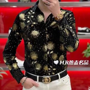 เสื้อเชิ้ตแขนยาวผู้ชายสไตล์ยุโรปฤดูใบไม้ร่วงใหม่หรูหรา เสื้อเชิ้ตทรงเข้ารูปปักลายพร้อมกระเป๋าโลหะผสมทองคำและเพชร