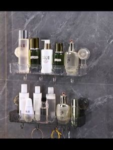 Punch-free Bathroom Organizer Rack with 4 Hook Self-draining Suction Cup Storage Rack for Kitchen