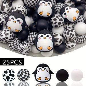 25PCS Penguin/Animal Silicone Bead Set perfect for DIY handmade crafts such as keychains necklaces bracelets etc