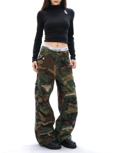 Camouflage Wide Leg Workwear Trousers Military Green Mens Womens Multi Pocket Casual Pants Loose Fit Comfortable Cotton Blend