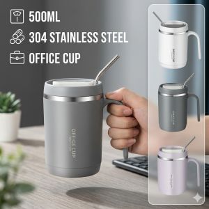XMSJ | 500ml Stainless Steel Coffee Mug Insulated Travel Cup Vacuum Tumbler Handle Straw Leak Proof Thermal Water Bottle Office Outdoor
