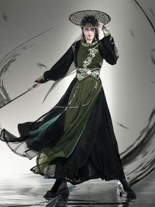 Original Chinese Style round Neck Sleeveless Bamboo Leaf Black Green Hanfu Robe Fashionable Daily Wear Polyester Fiber