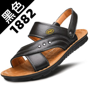 Leather Slippers Mens Casual Summer New Beach Shoes Middle-Aged And Elderly Outdoor Wear Large Size Casual Cowhide Sandals