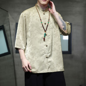 New Chinese Style Mens Shirt Summer Vintage Short Sleeve Ice Silk Thin Young Tea Costume Trendy Loose Fit Long Sleeve Button up