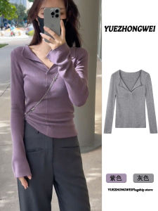 Stylish Korean Early Autumn Purple V-Neck Long Sleeve Knitted Base Shirt Womens Slim Fit Inner Wear Top Commute Style Soft Fabric