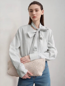 AMII | Minimalist Cotton Striped Loose Mid-length Half-neck With Flower Collar Shirt