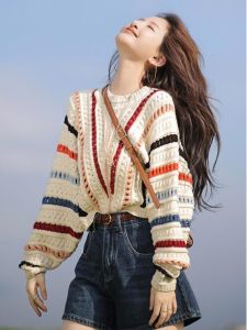 Color Stripes Sweater Female Fall and Winter New Outdoor Loose and Lazy Style Crocheted Cut Out Knitwear Jacket Tide