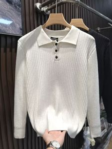เสื้อโปโลผู้ชายแขนยาวถักแบบเข้ารูป เสื้อสเวตเตอร์สไตล์อเมริกัน Paul Wool เส้นใยโพลีเอสเตอร์เนื้อบางสบาย