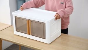 Stackable Storage Bins with lids Large Collapsible Storage Boxes with Doors and Wheels Foldable Storage Bins