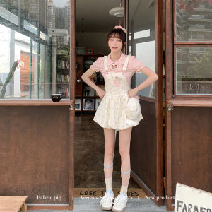 Sweet Cute Bowknot Design Pink Apricot Colored Overall Short Dress