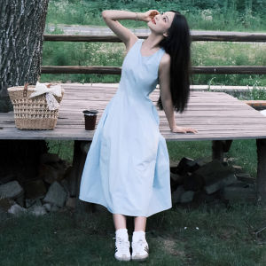 Summer 2025 White French Style Sleeveless Vest Dress Slimming High Waist Long A-Line Skirt for Women Cotton Blend Comfortable