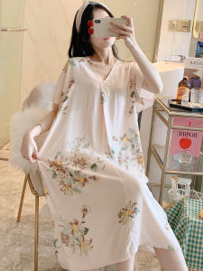V-neck Comely Poplin Pajamas Womens Summer Thin Artificial Cotton Chubby Girl Sleeping Dress Elegant Outwear Cotton Nightdress