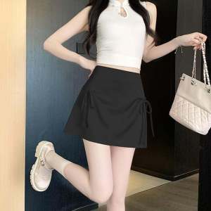 PM✿ Women Summer High Waist A-line Satin Skirt Plain Bow Lace-up Skirt