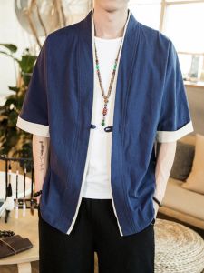 เสื้อเชิ้ตแขนสั้นผ้าลินินชายสไตล์ใหม่จีนฤดูร้อน ทรงหลวม ปกเสื้อทรงวินเทจ ทรงหลวม ทรงหลวม ทรงหลวม