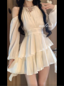Elegant French White Long Sleeve Dress Womens Autumn 2025 New High Waist Short Fairy Skirt Princess Style Bow Tie Cake Skirt