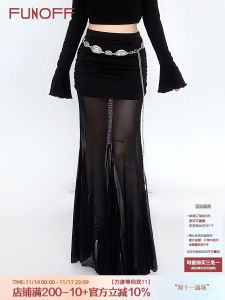 กระโปรงยาวคลุมเข่า Funoff ลายตาข่ายสีดำ ทรงเข้ารูป กระโปรงสั้นผ่าหน้าด้านล่าง ฤดูใบไม้ร่วง 2024 กระโปรงยาวคลุมเข่าสุดเซ็กซี่