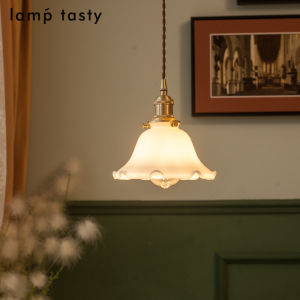 Retro Japanese Style Glass Chandelier with Skirt And Lace Design for Tea Room Bedside Bar Counter Yellow Bronze Milk White Glass