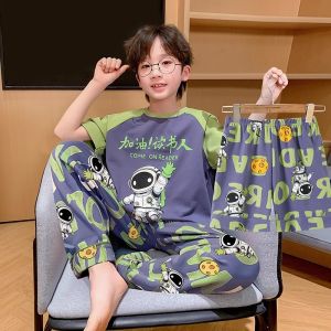 Boys Summer Sleepwear Set Pure Cotton Thin Short Sleeve Long Pants Home Clothes Breathable Comfortable Cartoon Design for Kids