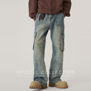 American Retro Mens Loose Wide Leg Jeans with Multiple Pockets Spring Autumn Straight Cut Casual Comfortable Denim Trousers