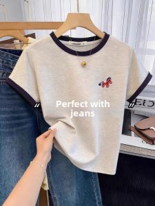 Colorblock Round Neck Square Shoulder Short Sleeve T-Shirt