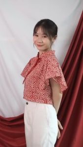 SANDANG JAYAA - Cleo Top Blus Batik Cap Atasan Wanita Terbaru Kekinian Outfit Ngantor Santai Cantik Trendy - Warna Merah Tosca Pink - Fashion By Batik Solo