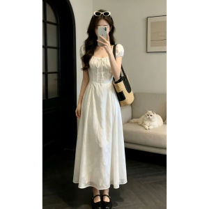 LIRUSHAN | French Style White Waist-defining Slimming Long Dress