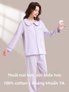 MiiOW | Áo ngủ dài tay bằng cotton nguyên chất MiiOW dành cho nữ mùa xuân hè thoáng khí thấm hút ẩm kháng khuẩn cỡ lớn quần áo mặc nhà thường ngày