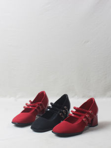 รองเท้าส้นสูง Mary Janes สีแดงฝรั่งเศสสำหรับผู้หญิง รองเท้าแต่งงานฤดูใบไม้ผลิและฤดูใบไม้ร่วง รองเท้าส้นสูงหนัง PU สไตล์วินเทจ