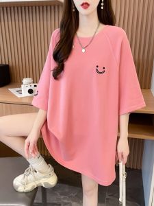 plus Size Womens Summer Loose Mid-Length Short Sleeve T-Shirt Embroidered Smiling Face Slimming Effect Korean Style Casual Cotton Crew Neck Top