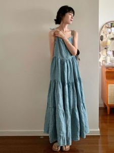 Neapolitan Blue Plaid Linen Camisole Dress Womens Summer New Arrival Slimming Vacation Vest Maxi Dress