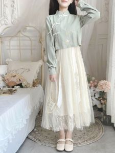 New Chinese Style Retro National Trend Fake Two-Piece Embroidered Lace Girl Improved Daily Hanfu Dress Long Sleeve Autumn Spring