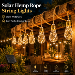 Solar String Lights Hemp Rope Edison Bulb Fairy Lights 4M/6M/8M Warm White for Garden Patio Pergola Wedding Christmas Decor